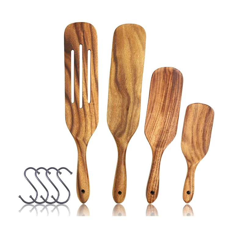 

High Quality Customized Laser Logo Salad Stirring Drain Sauce Omelette Teak Wood Kitchen Utensils Tools Spurtle Set of 4, Natural