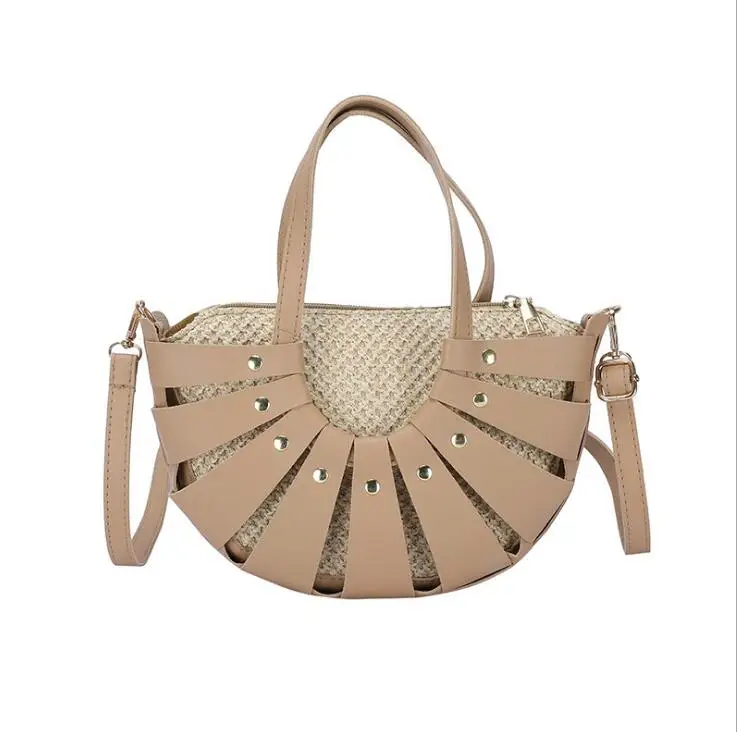 

new style PU leather backpack custom logo summer double shoulders straw woven bag beach bag