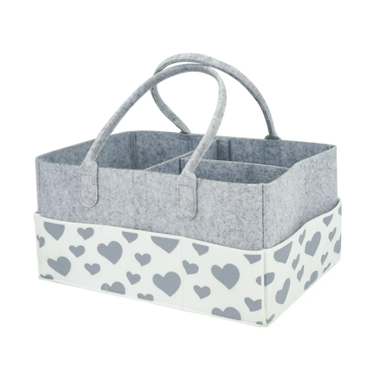 

Amazon best sale Big capacity baby diaper caddy bag polyester printed heart pattern felt diaper bags, Light grey with heart pattern