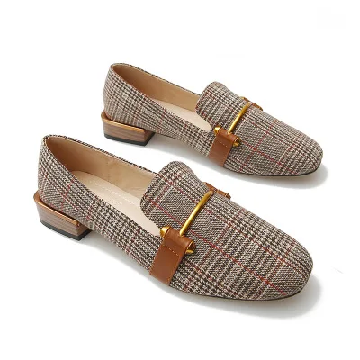 

XY053 designer checkered english comfort women loafer shoes, Plaid blue, plaid brown