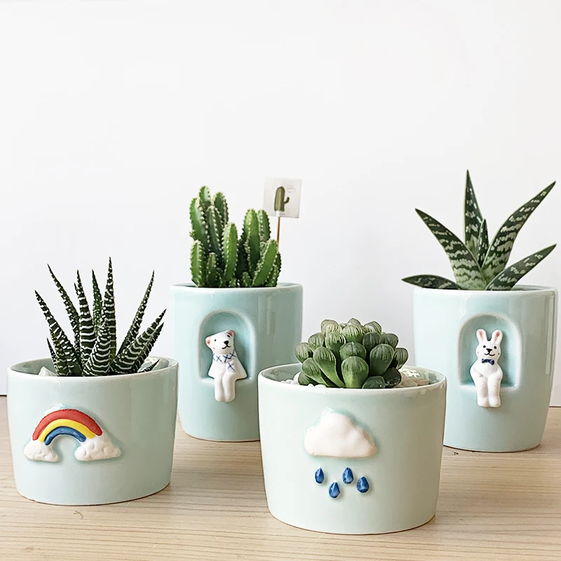 

Cyan Porcelain Cute Cylindrical Flower Pot