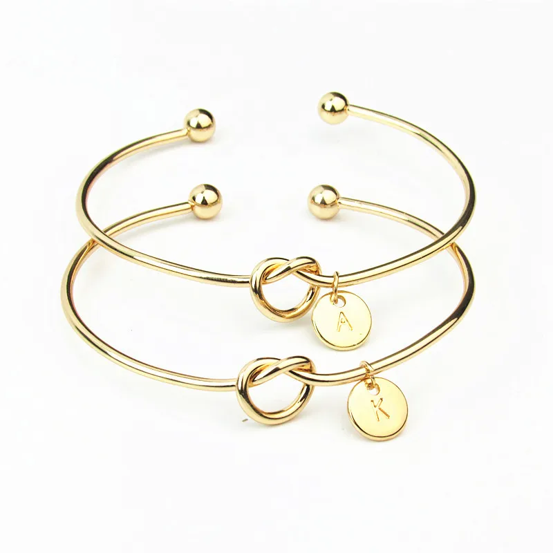 

Wholesale Gold Plated Silver Original Pendant Letter Bracelet 26 Initial Letters Disc Knot Bangle Bracelet