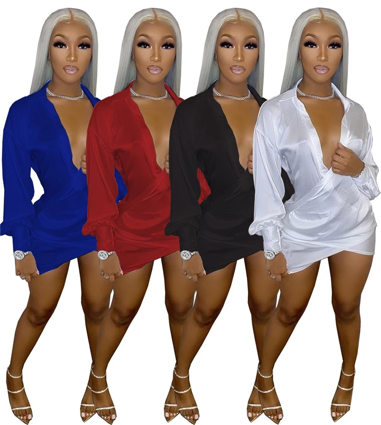 

DUODUOCOLOR Summer 2021 V-neck long-sleeve solid color T shirt skirt fahsion casual short dress women's wear D97418