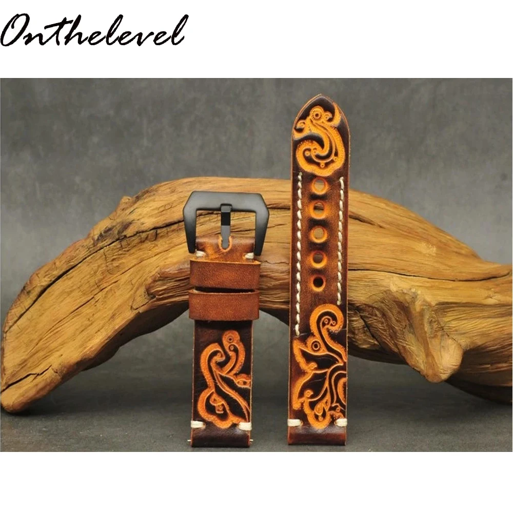 

Wholesale Genuine Leather Watchbands Carved Watch Wrist Watch Strap with Stainless Steel Black Buckle 20 22 24mm, Black/red/yellow/orange