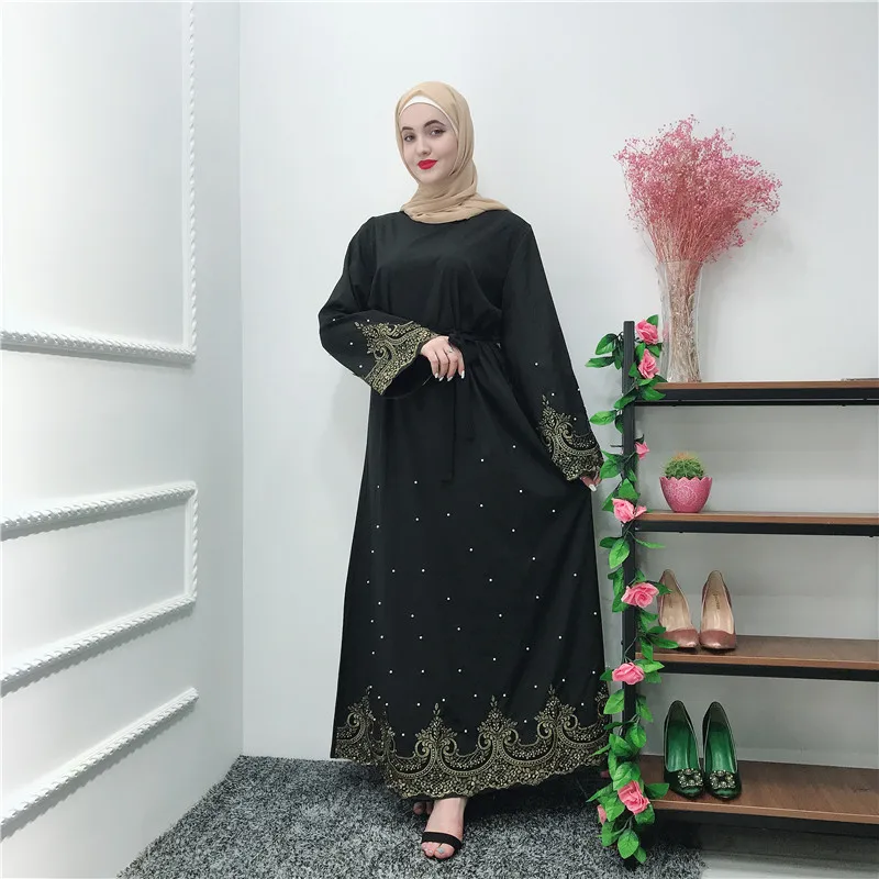 

Latest Middle East Kaftan Abaya Muslim Clothes Kimono abaya with pearl and lace, Black
