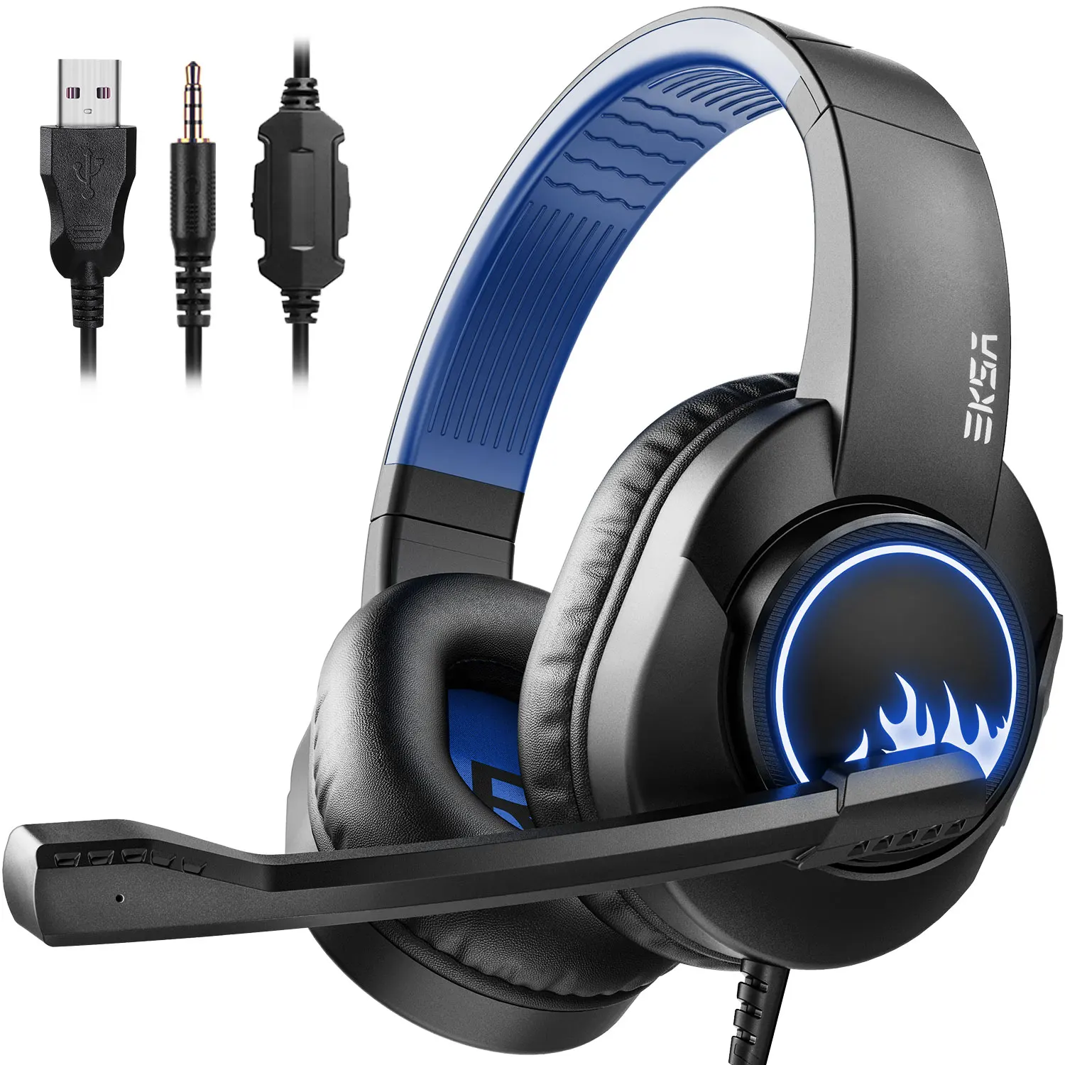 

Wholesaler EKSA entry level blue color gaming headset with 3.5mm plug and LED light