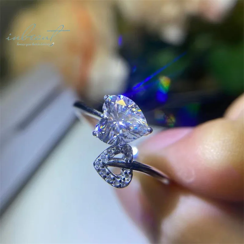 Silver 925 Original 1 Carat Brilliant Cut Diamond Test Past D Color Heart Moissanite Forever Love Wedding Ring Fine Jewelry