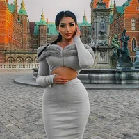 

Women's Winter Crop Tops With Long Skirt Fall Clothes Plush Skirt Set 2019 Outfit Outwear Full Sleeve Two Piece SETS