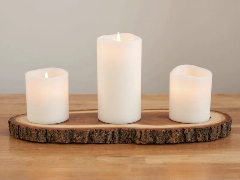 Rustic wedding centerpiece made with dollar tree wood slices and candles