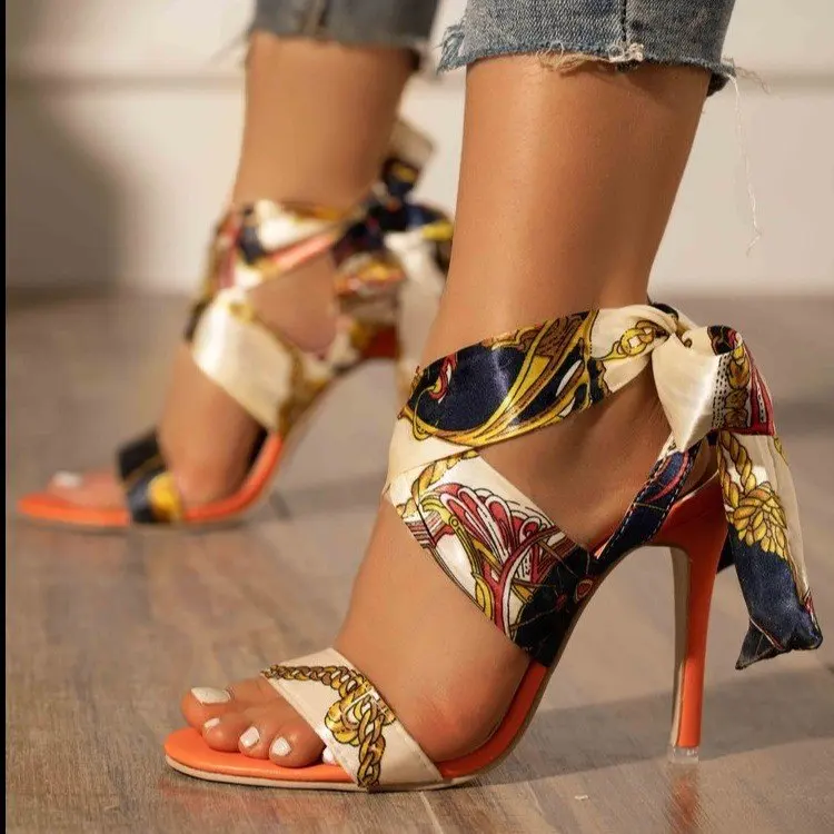 

Top seller cross strap tie up high thin heels women shoes pointy peep toe satin summer fashion barely there lady sandals