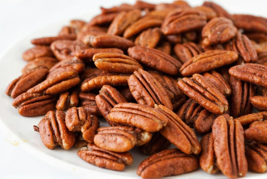 Assortment of cinnamon pecans variations including spicy, honey-glazed, and maple versions arranged on wooden board