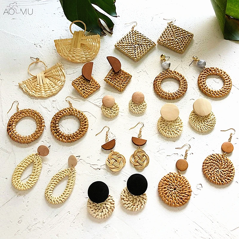 

Artilady 2019 style Handmade Wooden Weave bamboo hoop earrings korea rattan earrings for women birthday party gift, Ecru