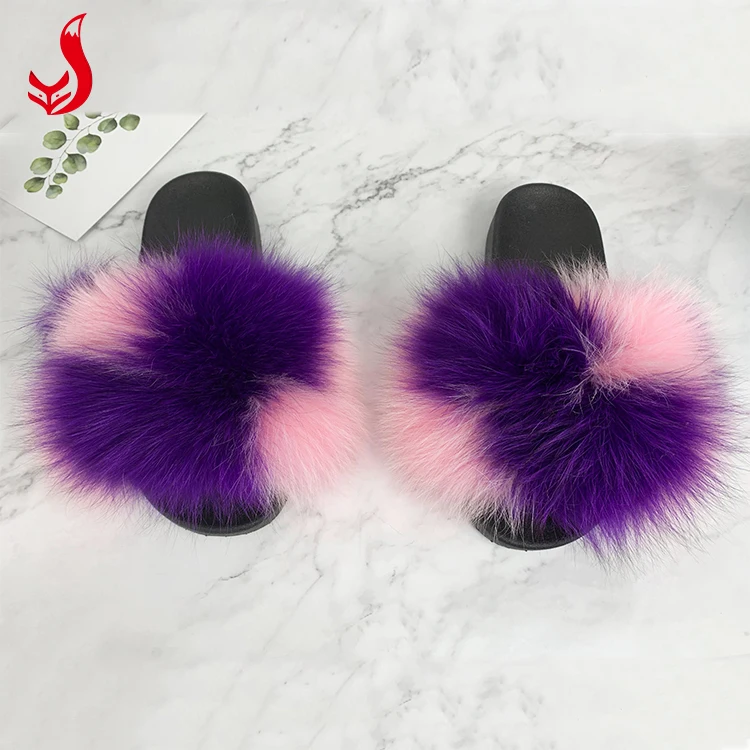 
Wholesale Indoor Women Real Raccoon Mink Sandals Fox Fur Slides Slippers with Custom Logo 