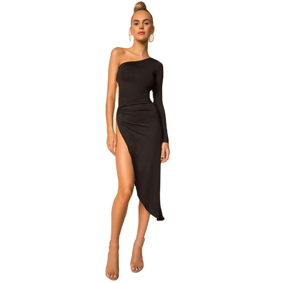 

Summer One-Shouldered Long-Sleeved Dress Sexy Hollowed-Out Slit Party Evening Dresses, Shown