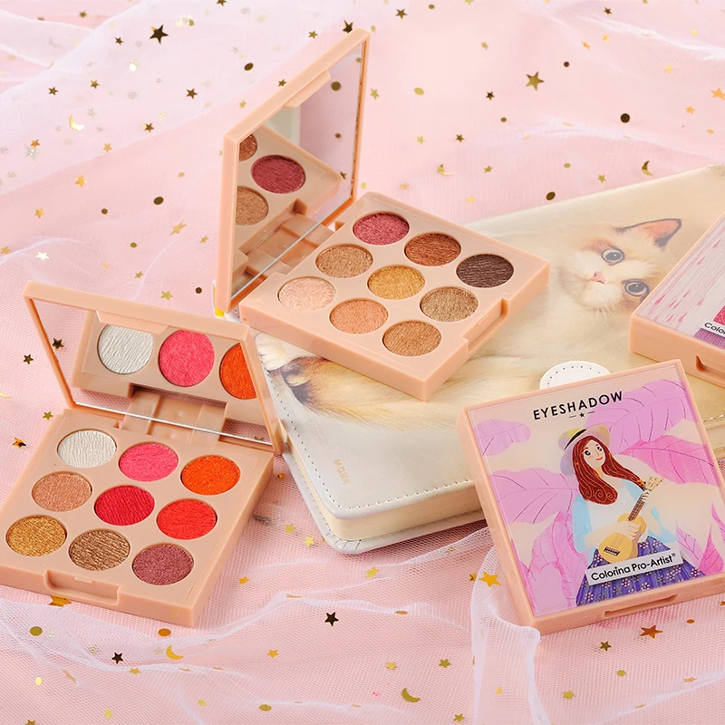 

makeup cosmetics high quality eye shadow customized logo label best 9 color pink green bling metalic creamy eyeshadow palette, 4 sets