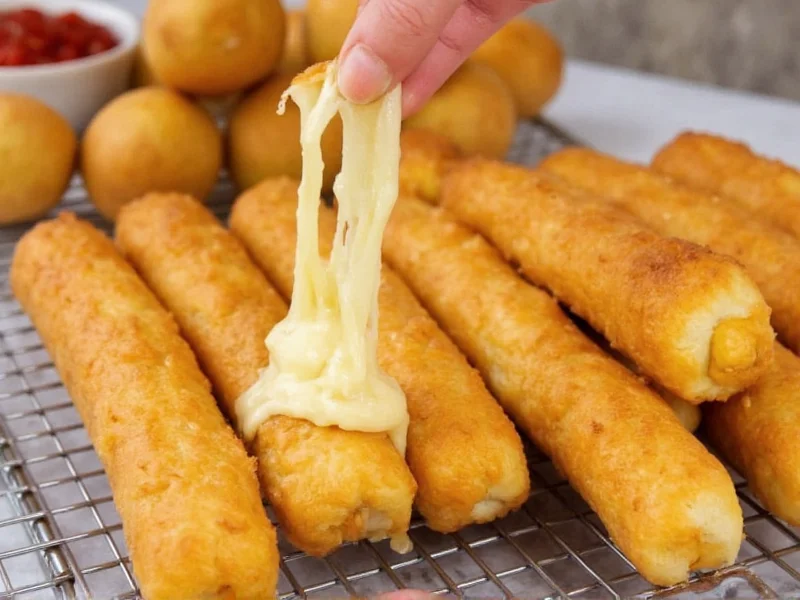 Golden baked cheese sticks on cooling rack with melted cheese pull