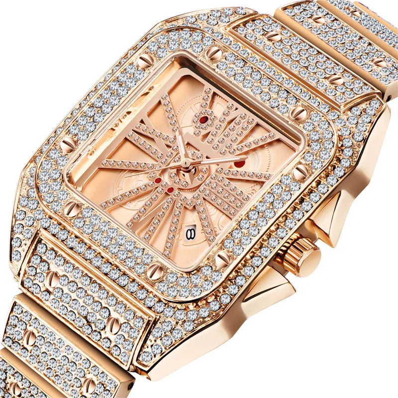 

Hip Hop Iced Out Men Watch Square Diamond Quartz Luxury Mens Wrist Watches Gold Roman Calendar Steel Clock Relogio Masculino