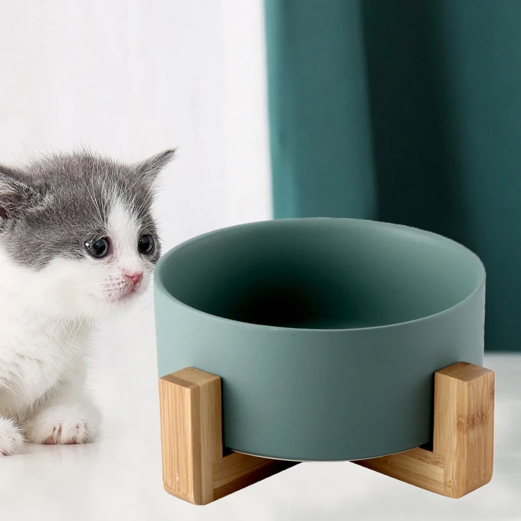 

Colors ceramic wooden frame pet cat dog feeder bowl