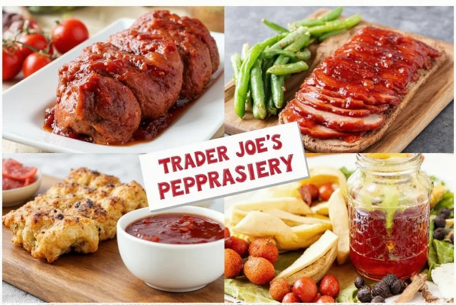 Photograph showing various food applications of Trader Joe's pepper jelly including glazed meats and cheese platter