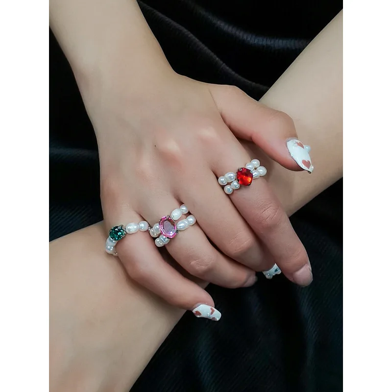 

Amazon Best Selling Young Multi Color Gemstone Rings Natural Fresh Water Pearl Geometric Diamond Rings For Women
