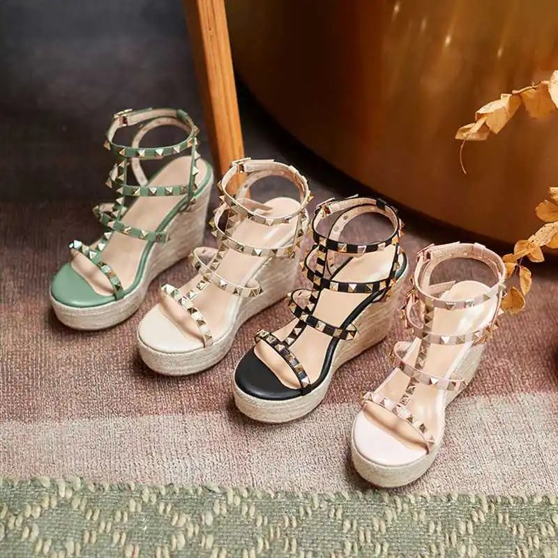 

Handmade Rivet Wedge Sandals Fashion Platform Shoes Women High Heel Summer Outdoor Party Ladies Shoes, Black apricot pink green