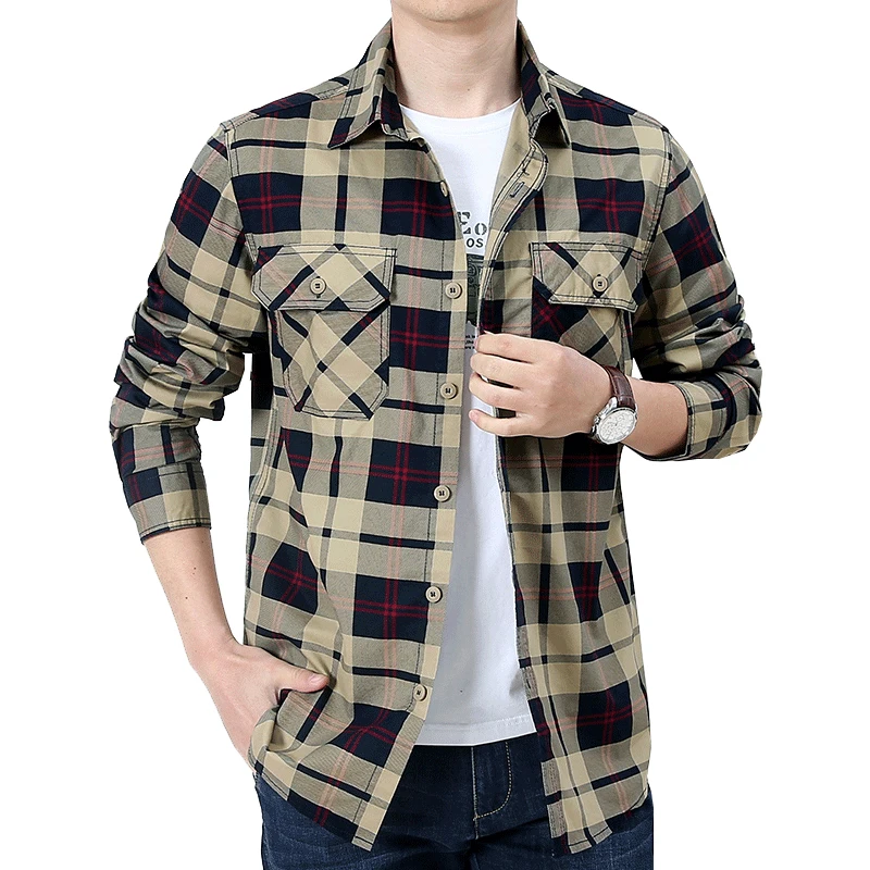 

casual mens printing shirts long-Sleeve Casual Poplin plaid Shirt, Army green