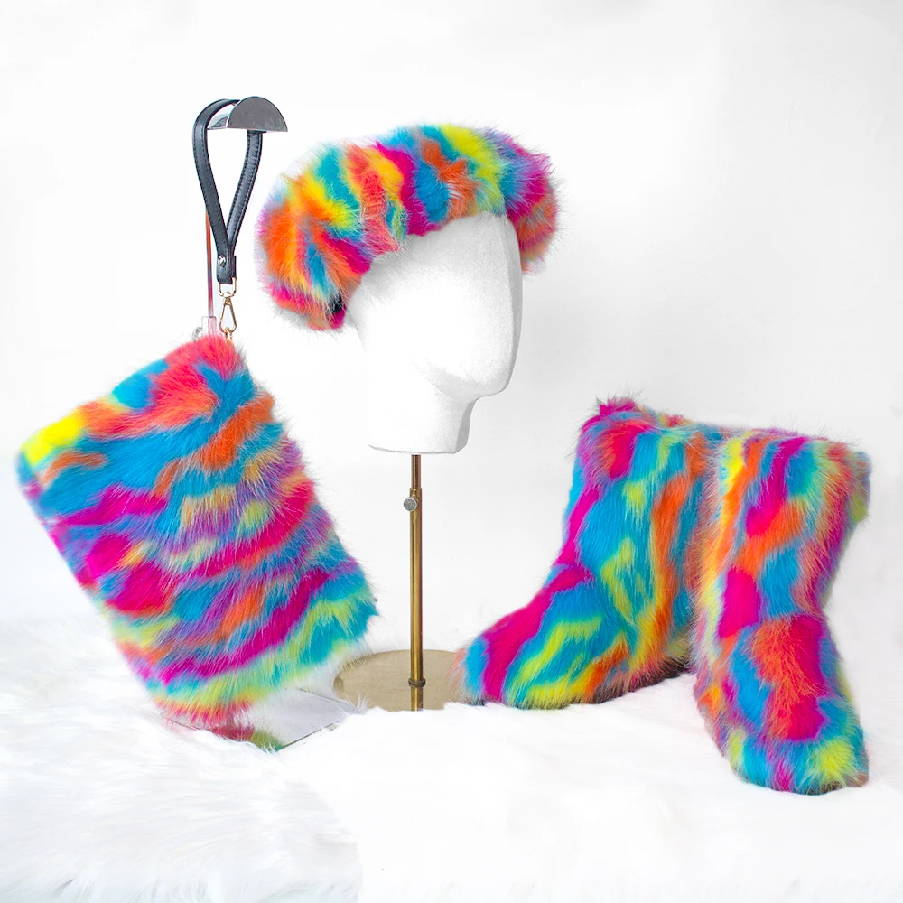 
Fashion winter Fake Fox Fur Rainbow Bags With Colorful fur headbands Hat And Multicolor Fur boots Sets 