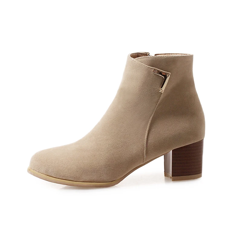 

New Fashion Women Ankle Boots Women Flock Zipper Thick Heel Shoes Suede Ankle Boots, Black/grey/apricot