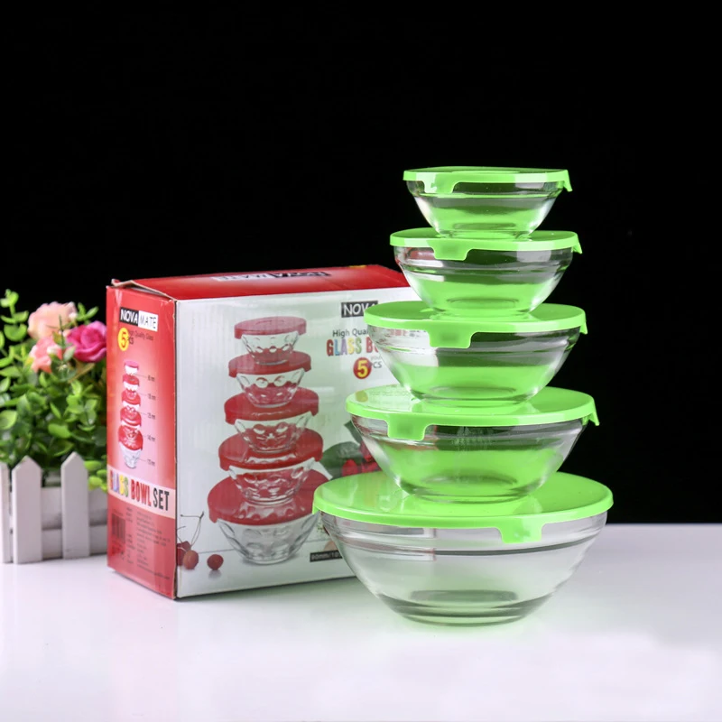 

Cheap 5PCS round shape Glass Bowl Set With Plastic Lids,Glass Salad Bowl For Wholesale