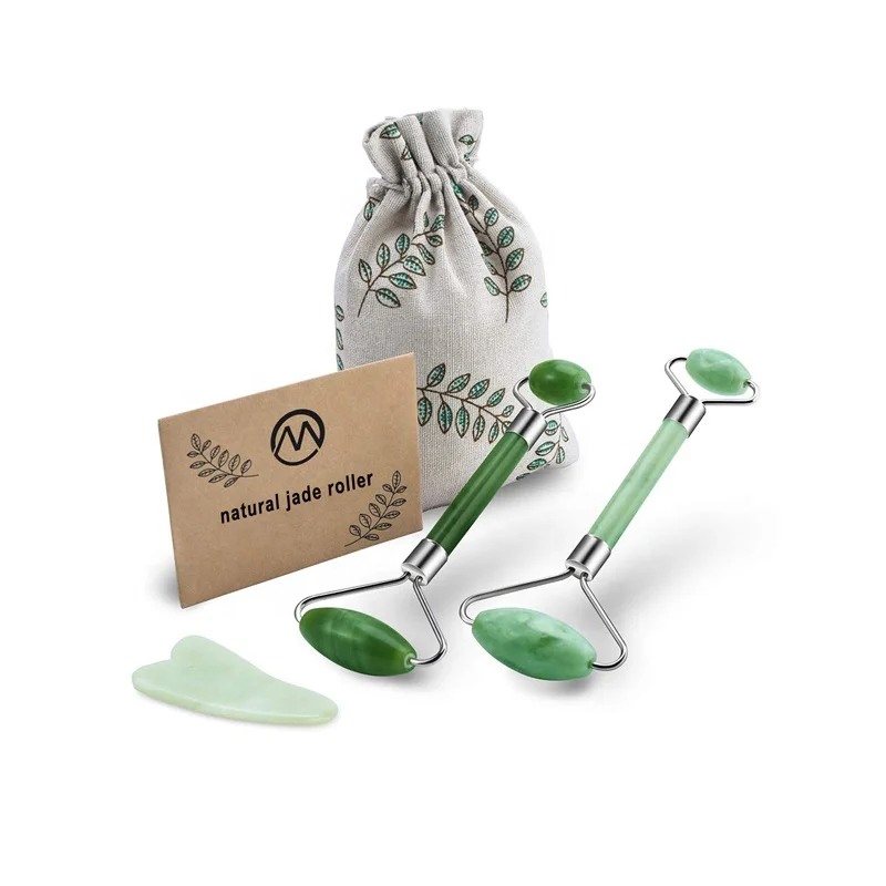 100% Natural Jade Roller for Face, Green Jade Facial roller Massager with Gua Sha Set