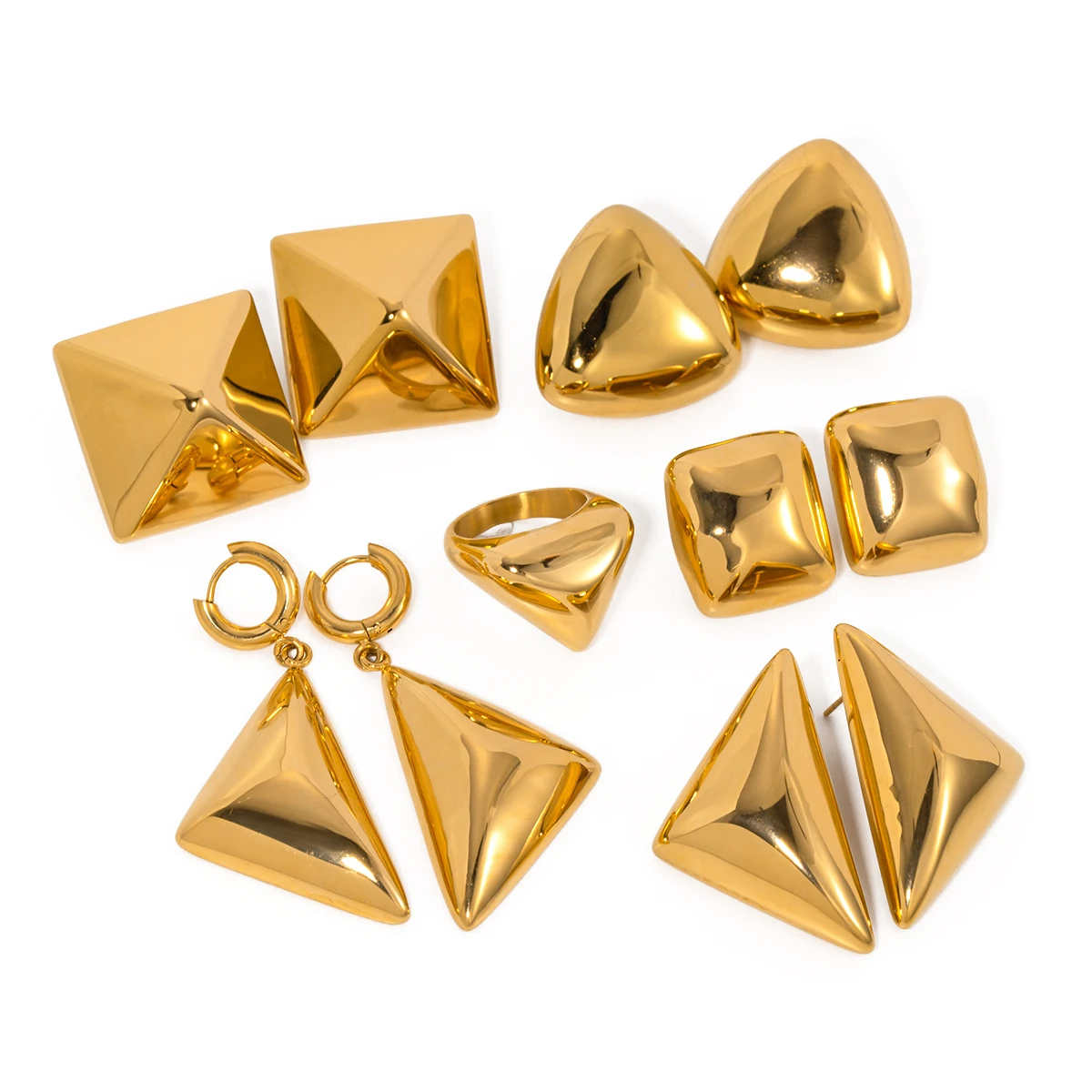 

J&D Chunky 18K High Polish Stainless Steel Jewelry Bangle Geometric Smooth Triangle Earring Necklace Set Clean Fit
