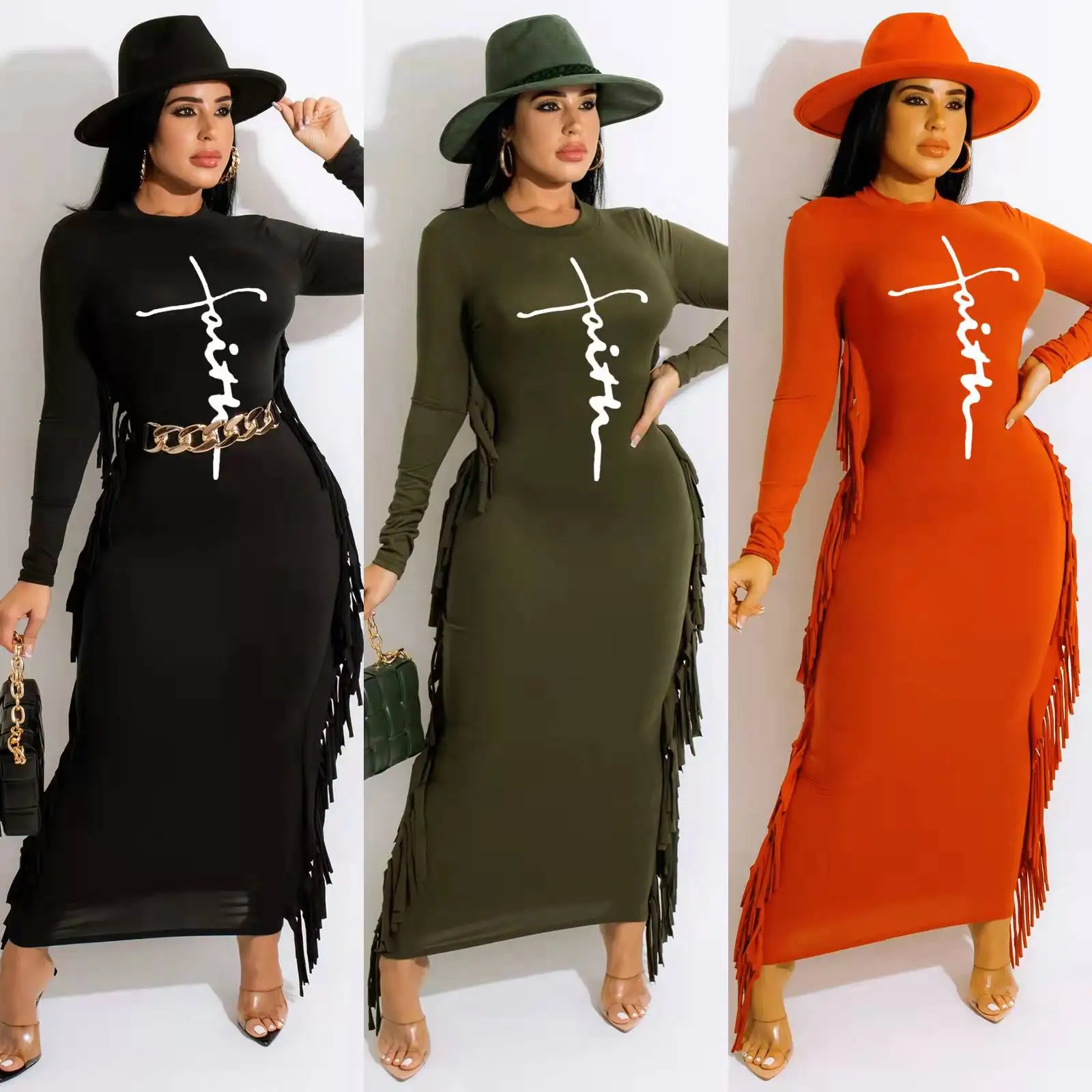 

Hot Sale New Design Women's Long Sleeve Faith Print Fringed Dress Women Slim Fit Casual Dress