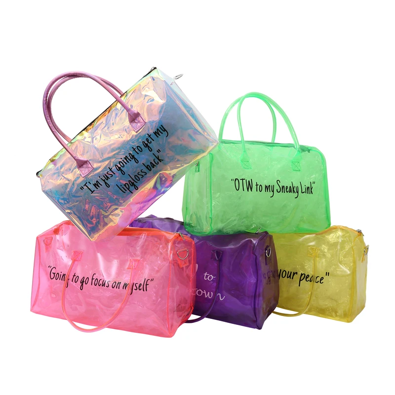 

Custom spend the night duffle bag clear duffle travel bags, colorful jelly pvc bags, Wholesale overnight bags with custom logo