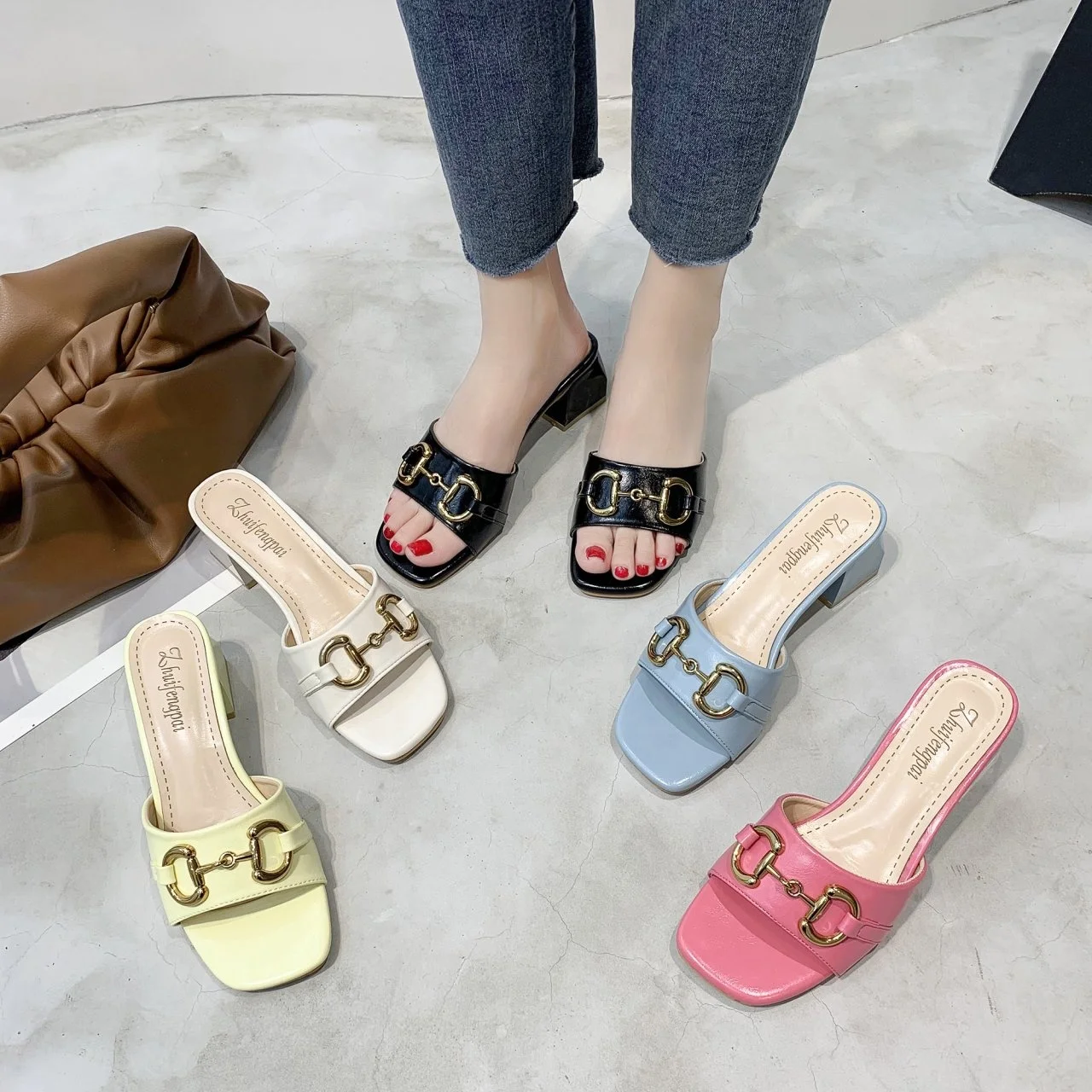 

Weave Outdoor Sandals Slippers Low Heel Flat Slippers Square Head Trend Slippers Heeled Sandals Slides Outside Mules Party Shoes, Brown/white