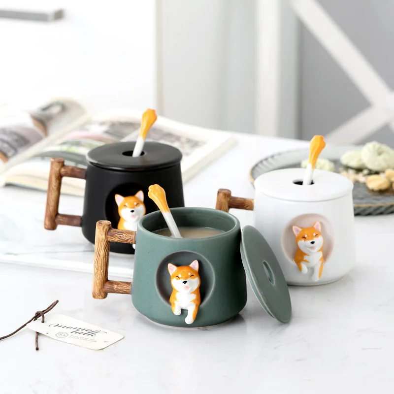 

Cute 3D Ceramic Personalized Shiba Inu Mugs Creative Coffee Mug With Wooden Handle Lid Spoon