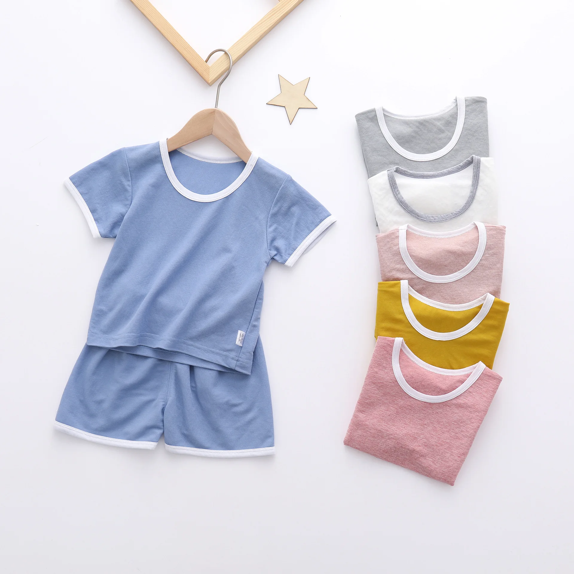 

Wholesale Pink Solid Color Kids Pyjamas 100% Cotton Girls' Sleepwear Pijamas Kids Blank Pajama Short Sleeves
