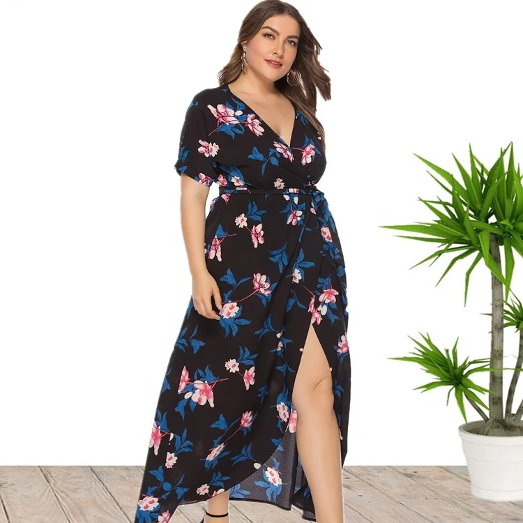 

6XL Plus Size Maxi Long V Neck Floral Print Asymmetrical Wrap Summer Dress For Women