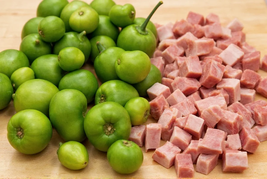 Close-up of fresh tomatillos, serrano peppers, and cubed pork shoulder arranged on cutting board for chili verde preparation