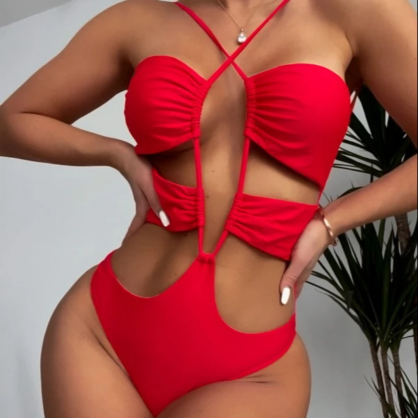 

PASUXI Sexy Backless Bikini New Women Halter Lace Up Solid Color Bandage Swimwear One Piece Swimsuit