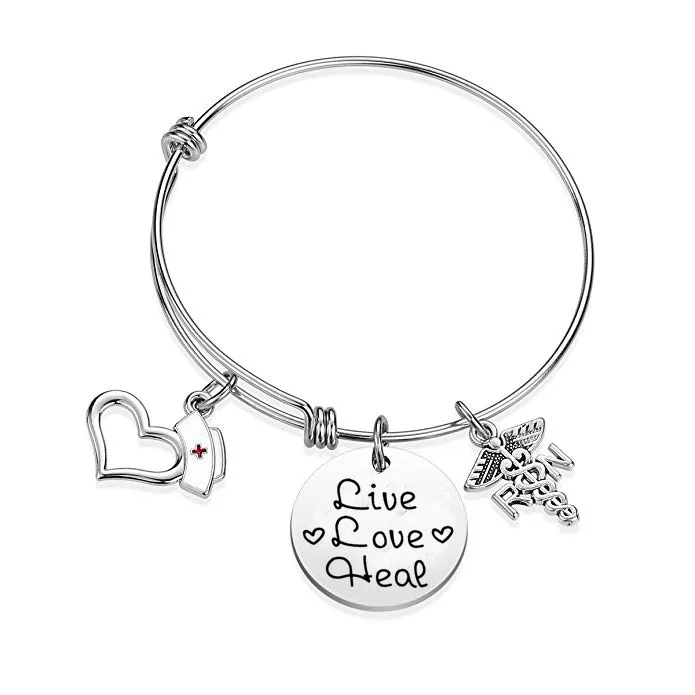 

2020 nurse bracelets women stainless steel custom engraving LIVE LOVE HEAL disc charms ani and alex bracelets bangle