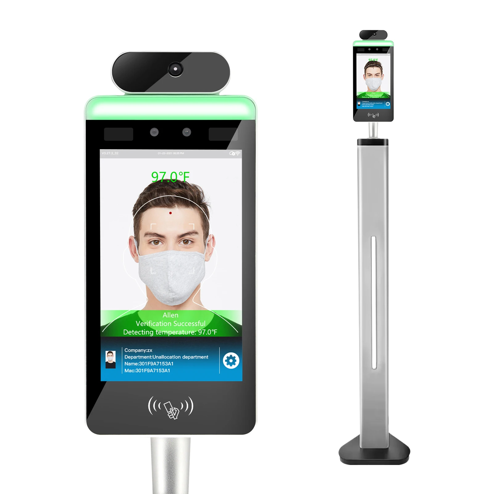 

8inch WIFI AI human body temperature kiosk detection face recognition thermometer scanner touch screen access control system