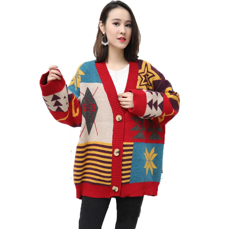 

factory wholesale new buttons plus size women Angora rabbit fur print knit sweater v-neck Jacquard cardigan