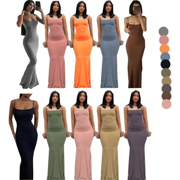 

New Arrival Q21DS653 Wholesale Elegant Partywear Sling Sleeveless Solid Color Bodycon Maxi Dresses Women Casual Long Dress