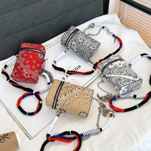 

2021 Bohemian stylish colorful strap girls unique crossbody bag bandana print bucket purse for women, Red khaki gray white