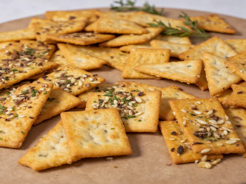 assorted homemade crackers with herb and seed toppings