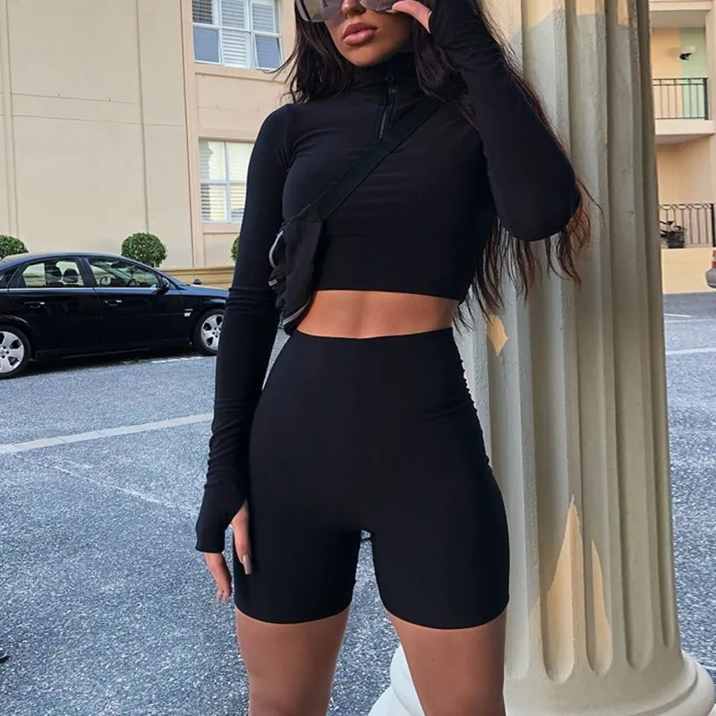 women fashion long sleeve zipper high neck elastic sexy crop tops shorts 2-pieces casual sports sets