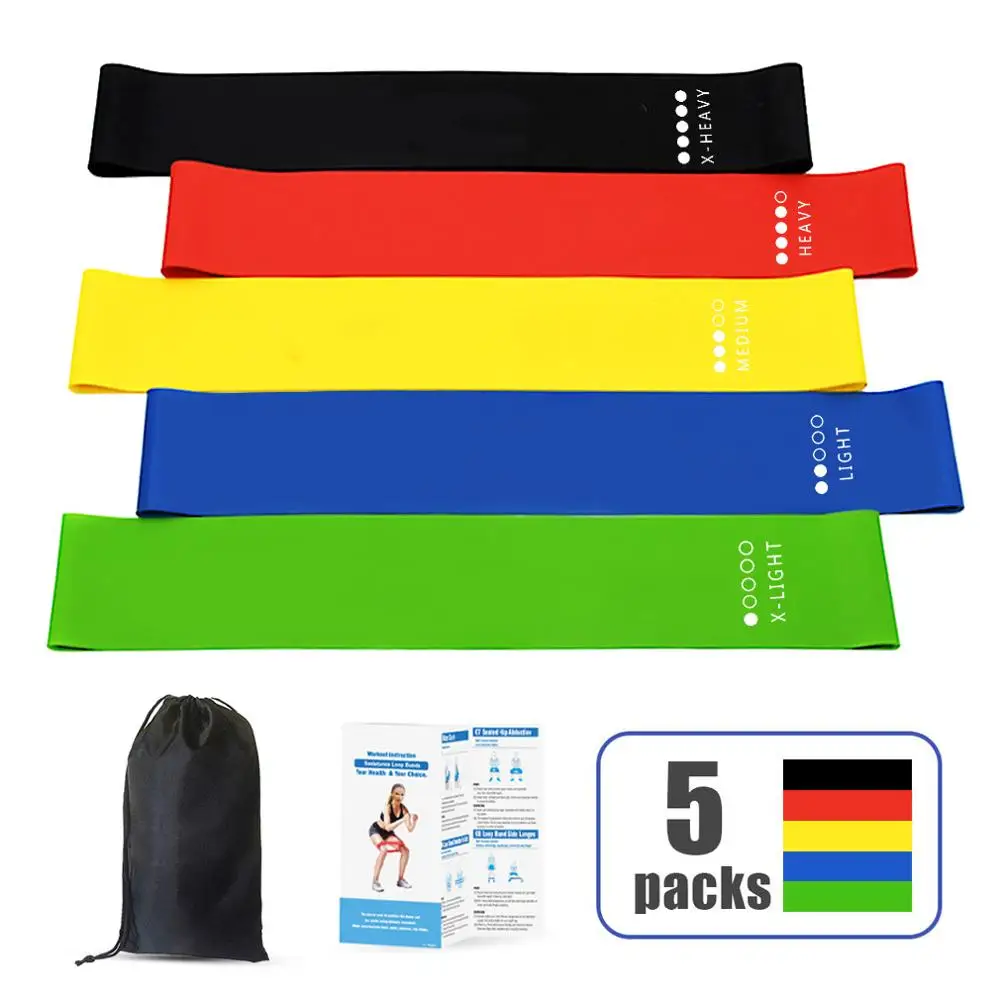

Amazon Hot Selling Durable Natural Latex Resistance Loop Exercise Bands For 5 Sets With Instruction Manual And Carry Bag, Black, blue, red, green, yellow