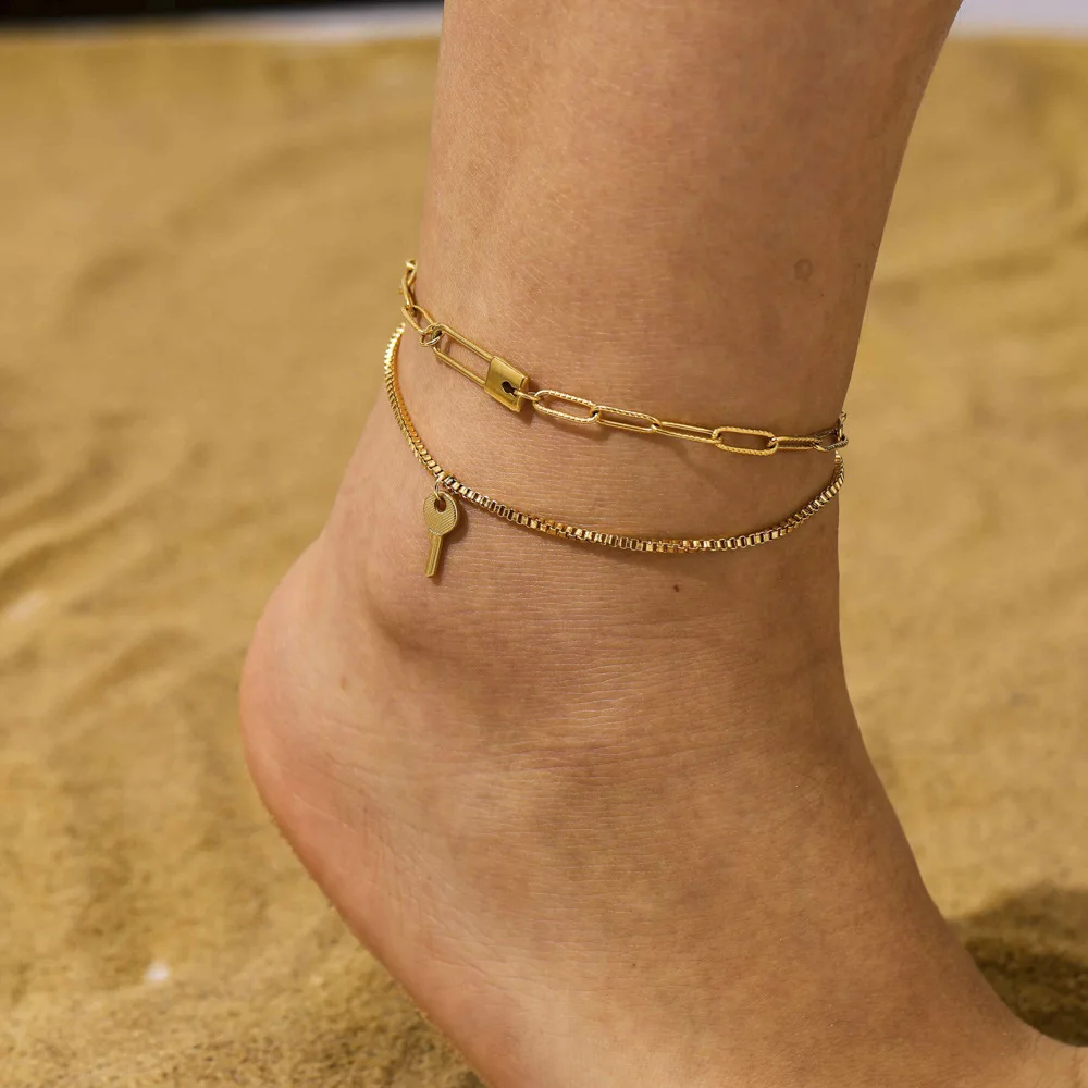 

Newest Arrival 18K Gold Plated Stainless Steel Key Anklets Double Layers Titanium Steel Safety Pin Anklets For Women Girl