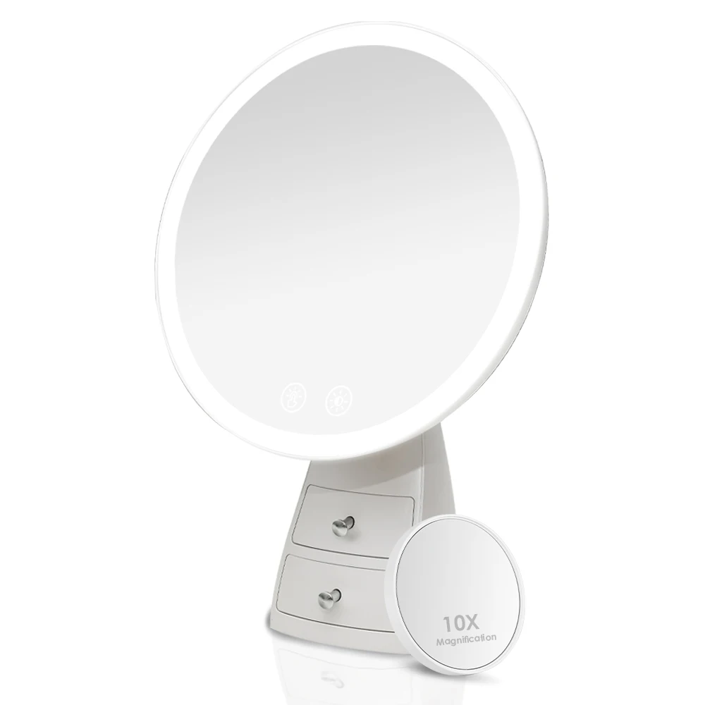 

High Quality 3 Light Colors And Touch Switch Desktop Led Lighted Makeup Mirror With 2 Small Drawers