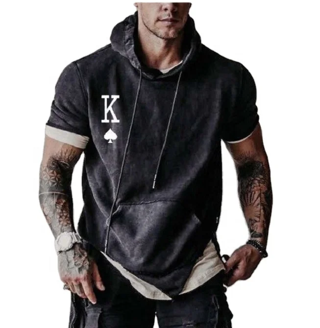 

Casual Top Short-sleeved Hoodie Pullover Solid Color Front Pocket T-shirt Sports Sweater Shirt for Men